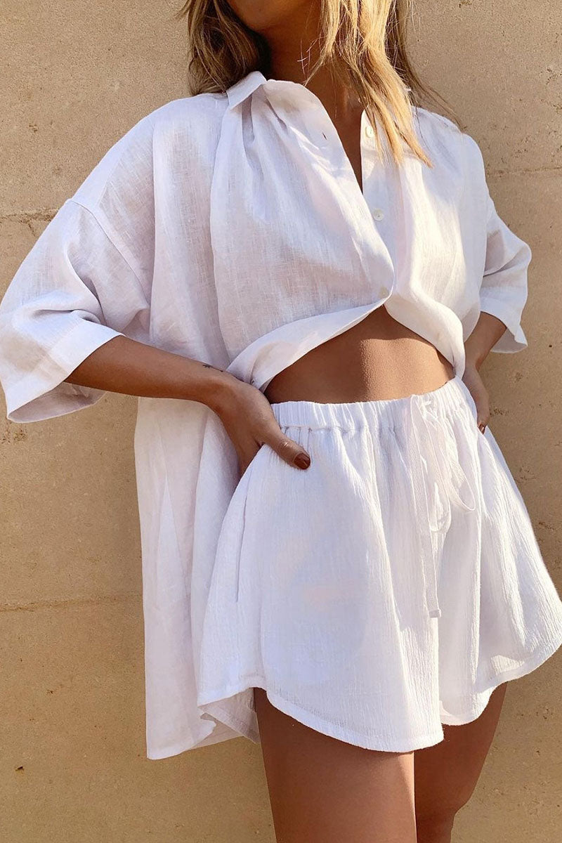 Patchwork Turndown Collar Half Sleeve Two Pieces