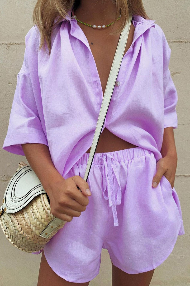 Patchwork Turndown Collar Half Sleeve Two Pieces