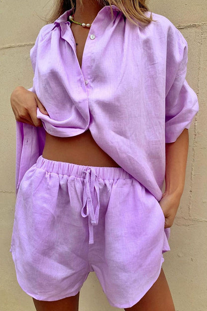 Patchwork Turndown Collar Half Sleeve Two Pieces