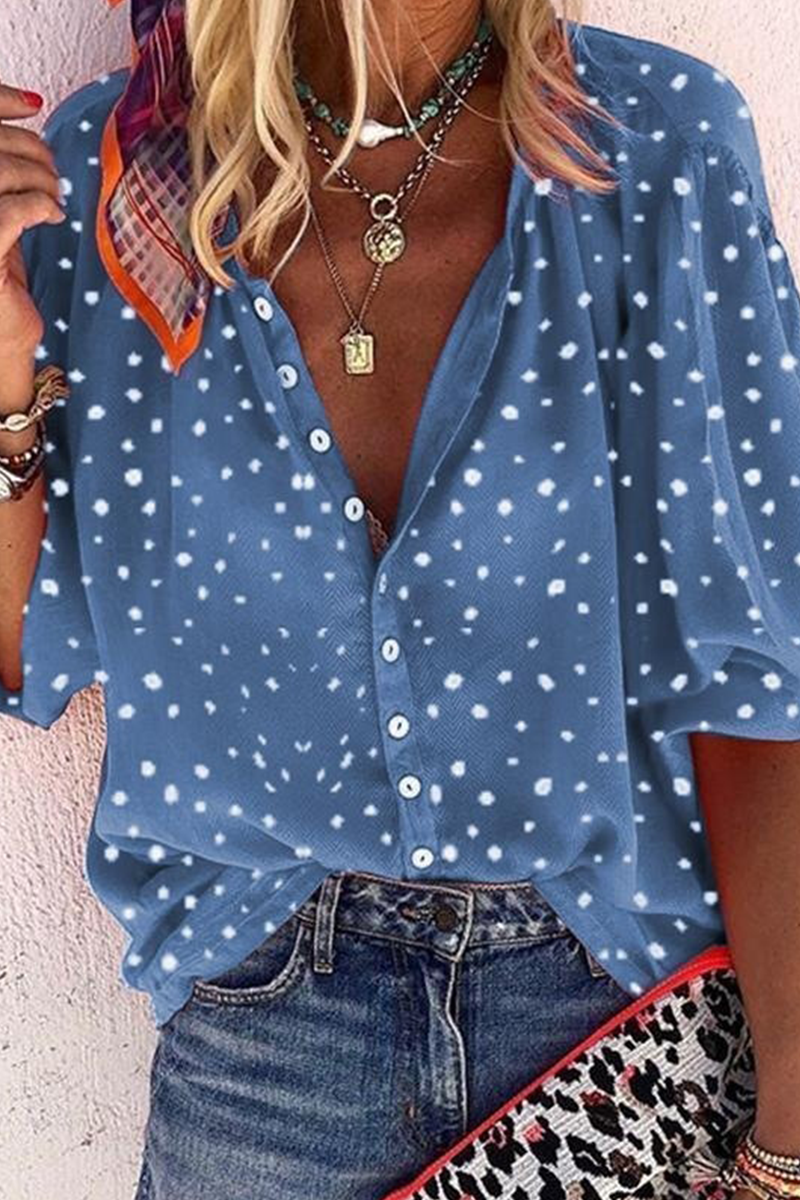 Print Patchwork Turndown Collar Mid Waist Blouses(4 Colors)