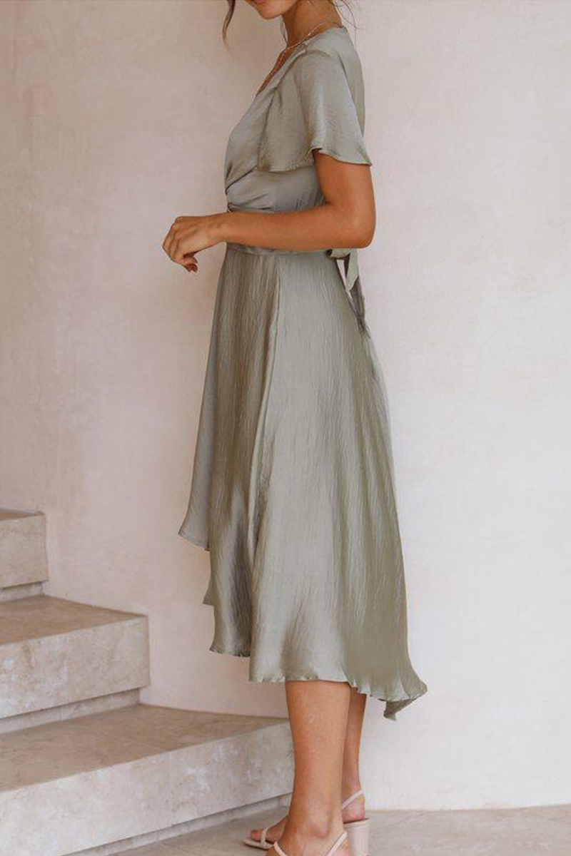 Knotted With Belt V Neck Irregular Maxi Dresses