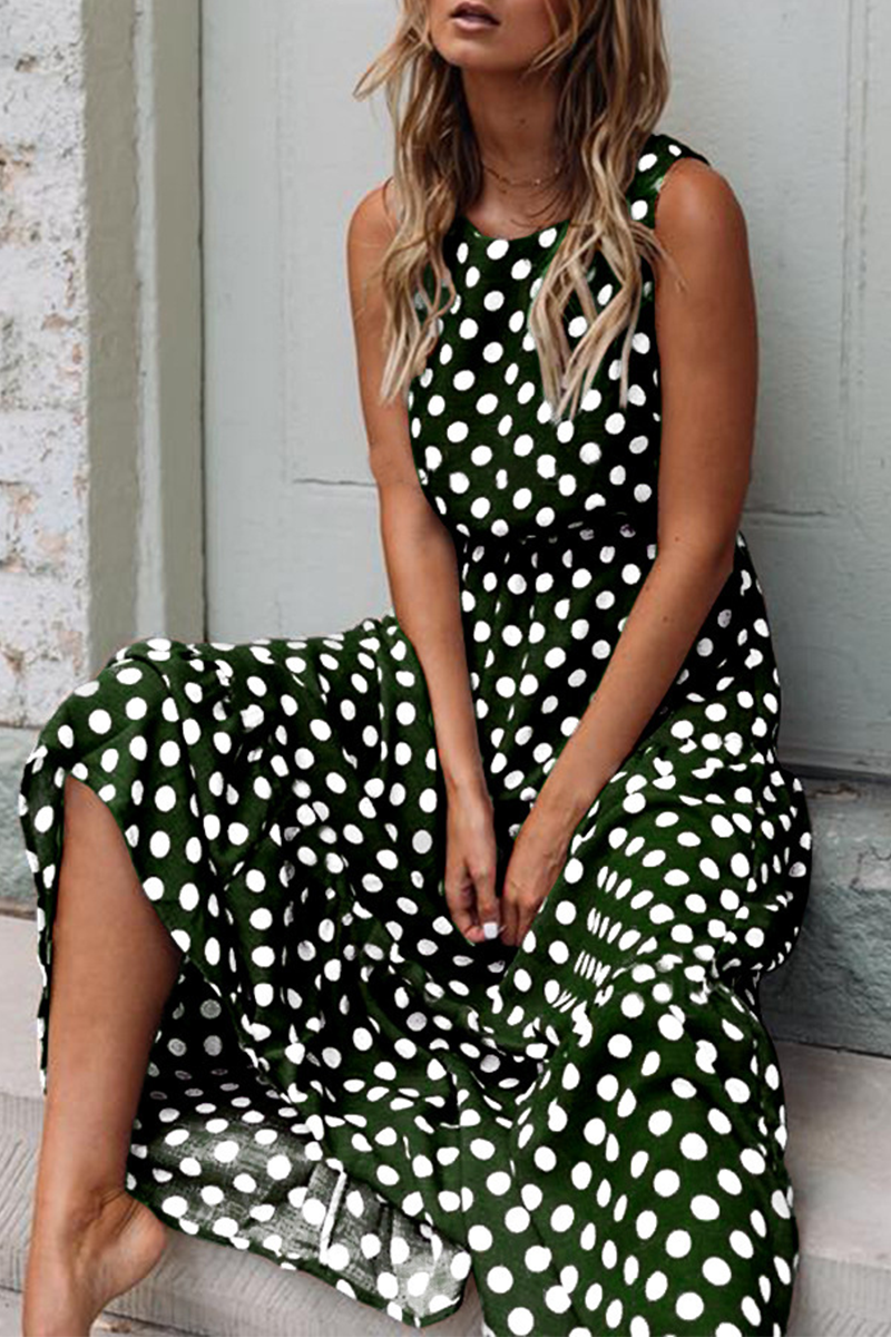 Dot Patchwork O Neck Cake Skirt Dresses(5 Colors)