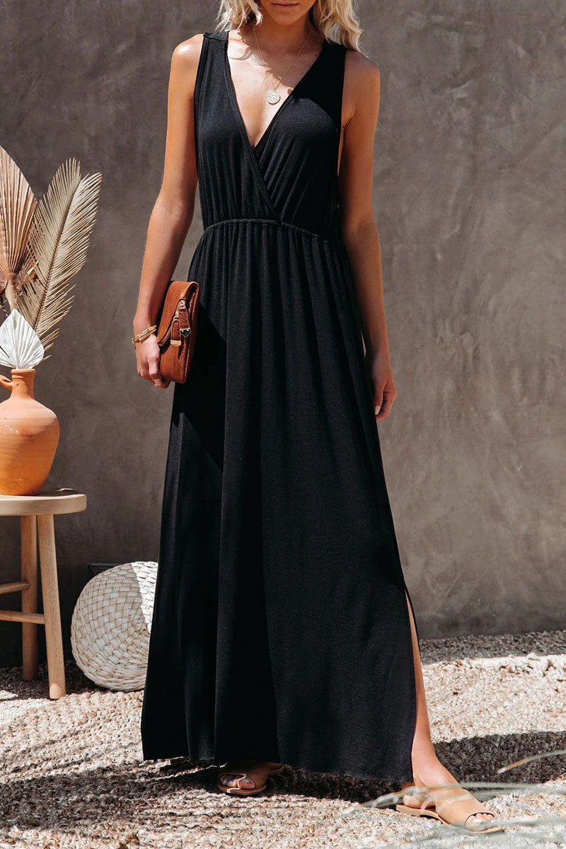 Slit V Neck a Line Maxi Dresses