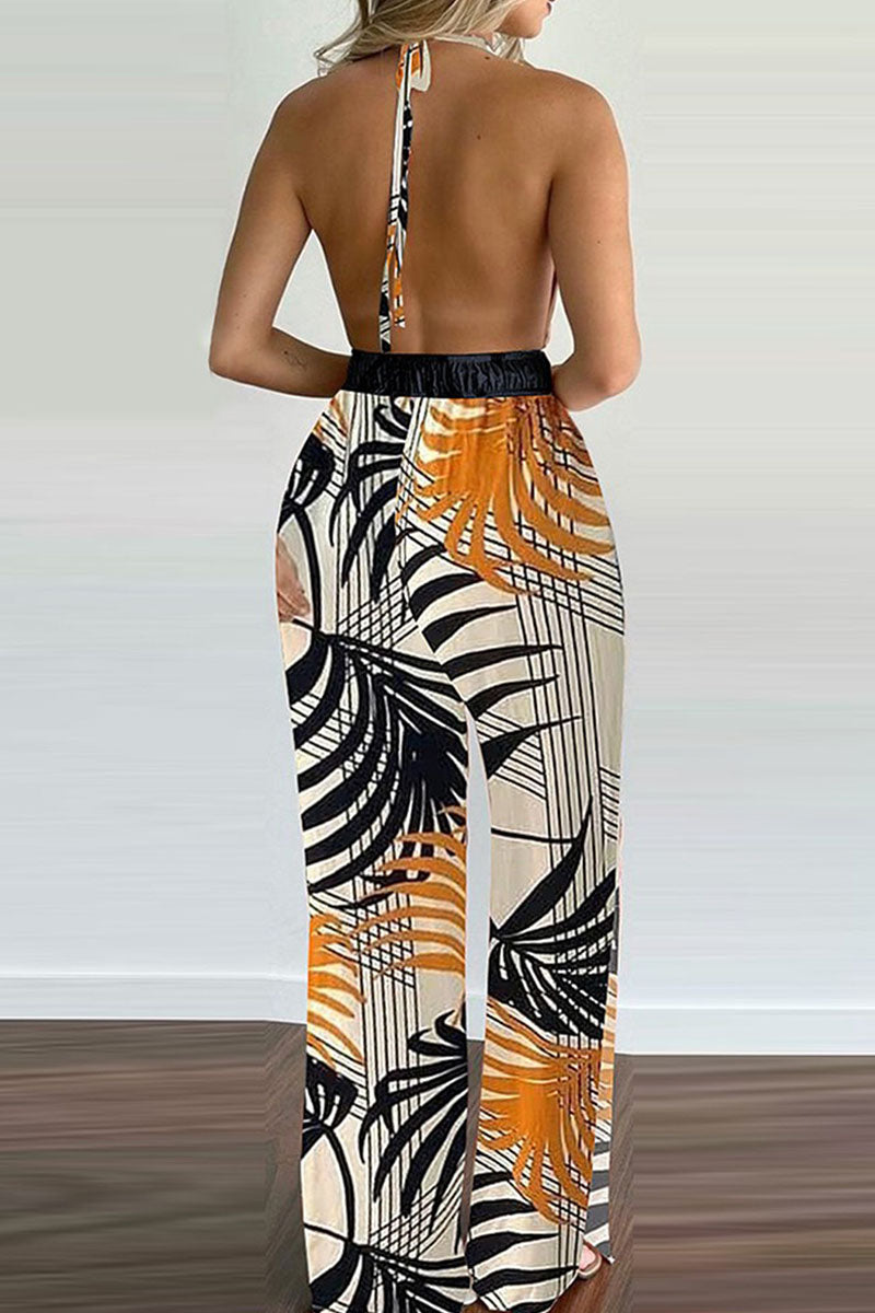 Simplicity Print Backless V Neck Loose Jumpsuits