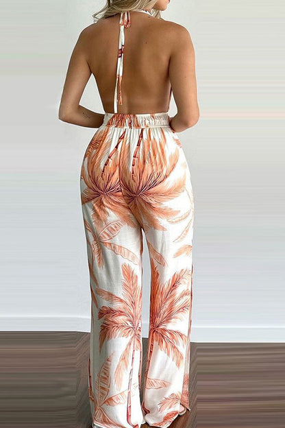 Simplicity Print Backless V Neck Loose Jumpsuits