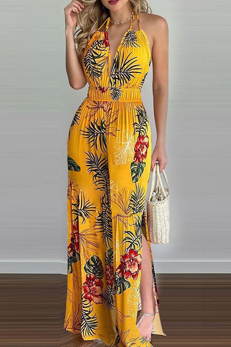 Simplicity Print Backless V Neck Loose Jumpsuits