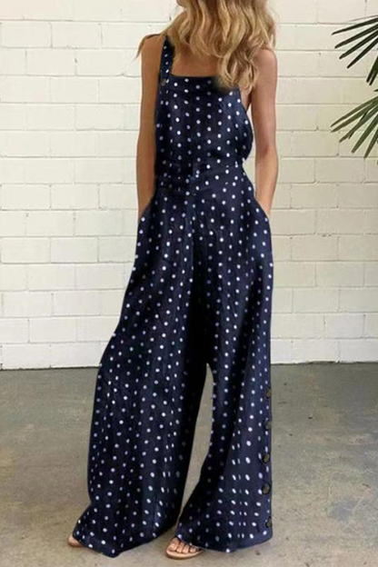 Dot Print Patchwork Square Collar Straight Jumpsuits