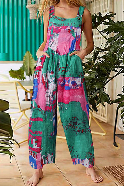 Print Split Joint Pocket Square Collar Straight Jumpsuits