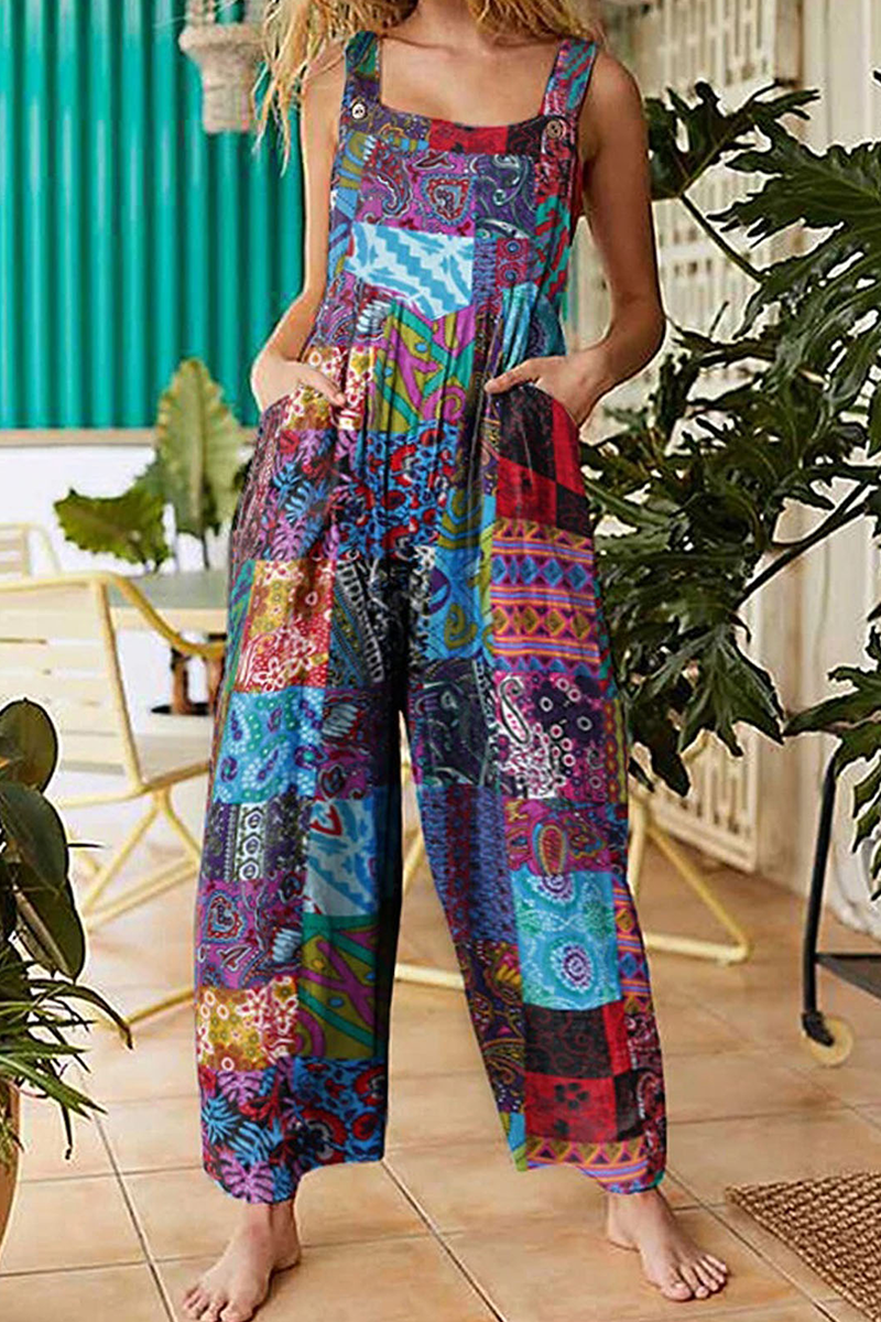 Print Split Joint Pocket Boat Neck Jumpsuits