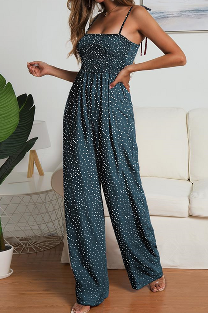 Dot Patchwork Strap Design Strapless Straight Jumpsuits