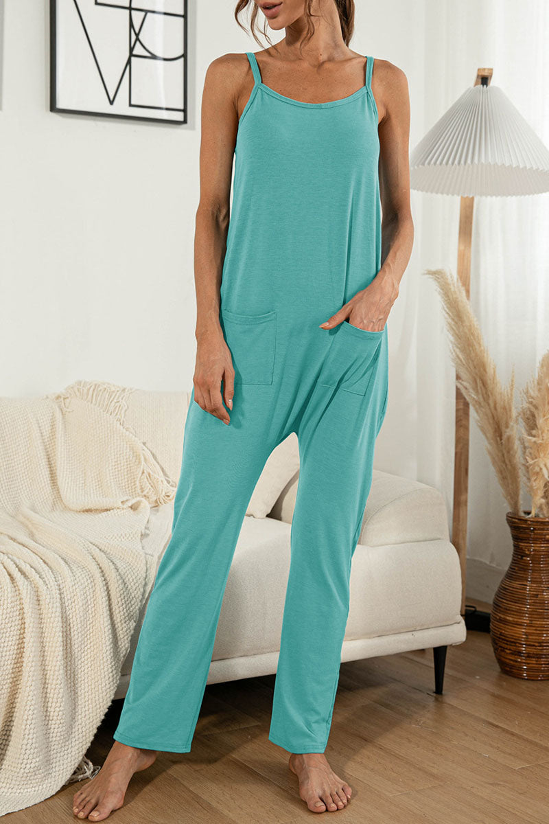 Pocket Spaghetti Strap Loose Jumpsuits(4 Colors)