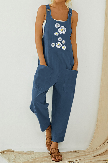 Print Pocket Buttons U Neck Straight Jumpsuits(3 Colors)