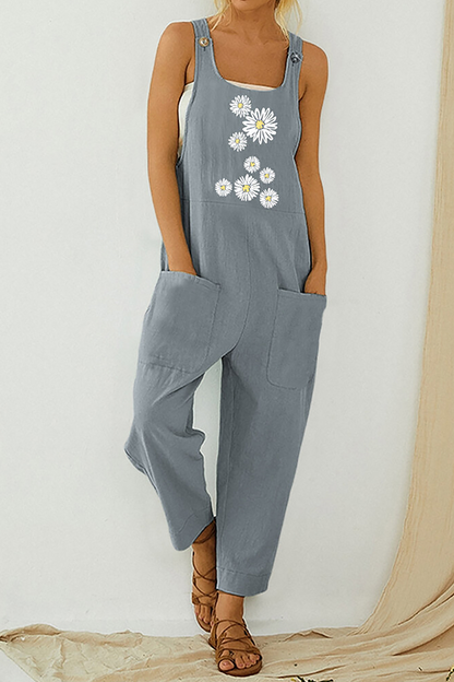 Print Pocket Buttons U Neck Straight Jumpsuits(3 Colors)