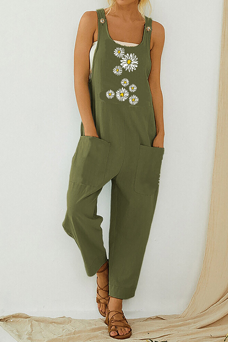 Print Pocket Buttons U Neck Straight Jumpsuits(3 Colors)