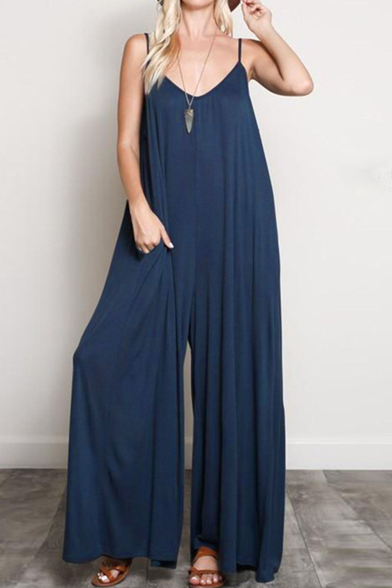 Street Patchwork V Neck Loose Jumpsuits