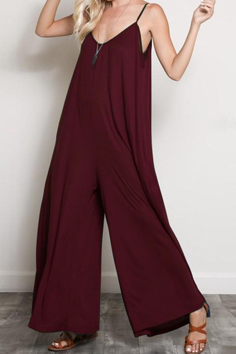 Street Patchwork V Neck Loose Jumpsuits
