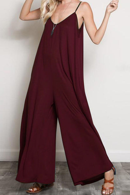 Street Patchwork V Neck Loose Jumpsuits