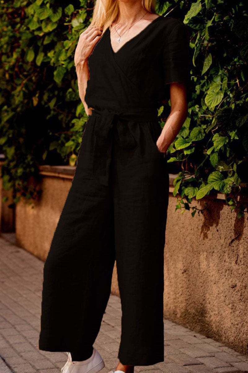 Split Joint V Neck Loose Jumpsuits(3 Colors)