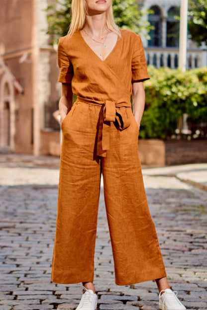 Split Joint V Neck Loose Jumpsuits(3 Colors)