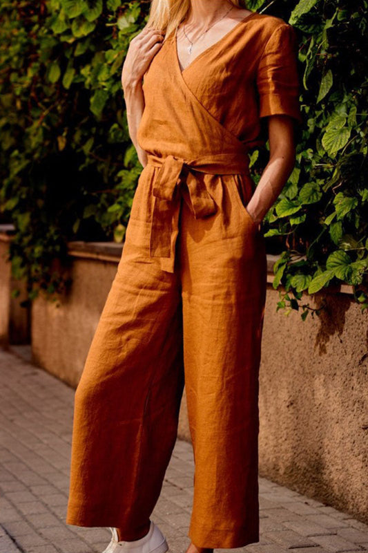 Split Joint V Neck Loose Jumpsuits(3 Colors)