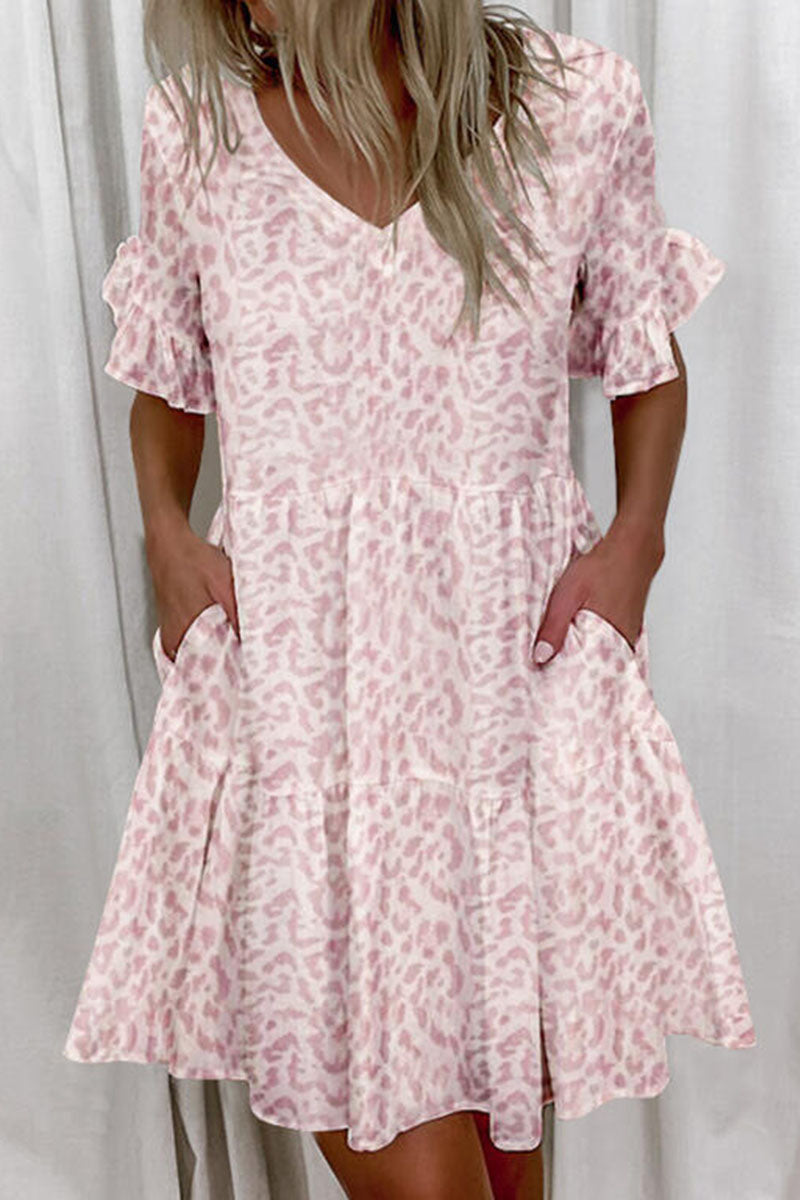 Print V Neck a Line Mini Dresses(7 Colors)