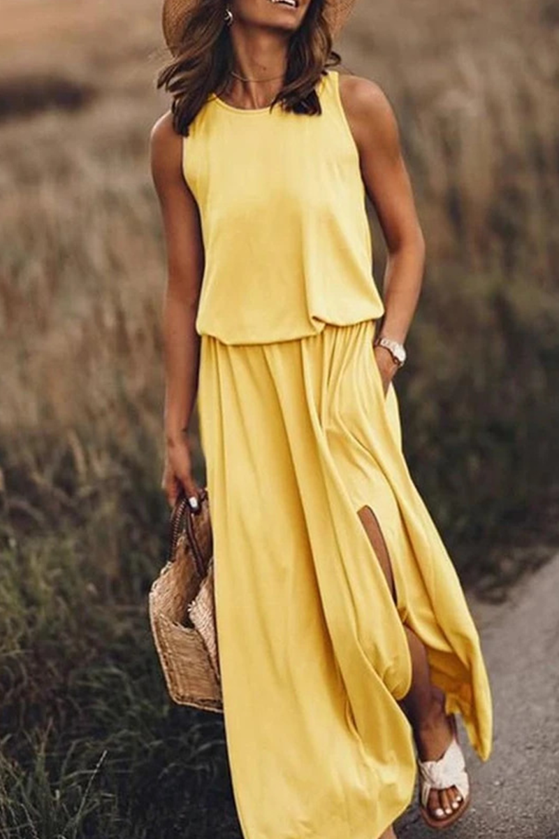 Patchwork Slit O Neck Waist Skirt Dresses(8 Colors)