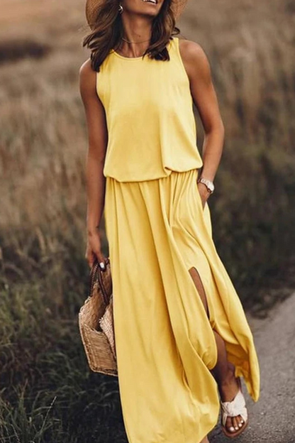 Patchwork Slit O Neck Waist Skirt Dresses(8 Colors)