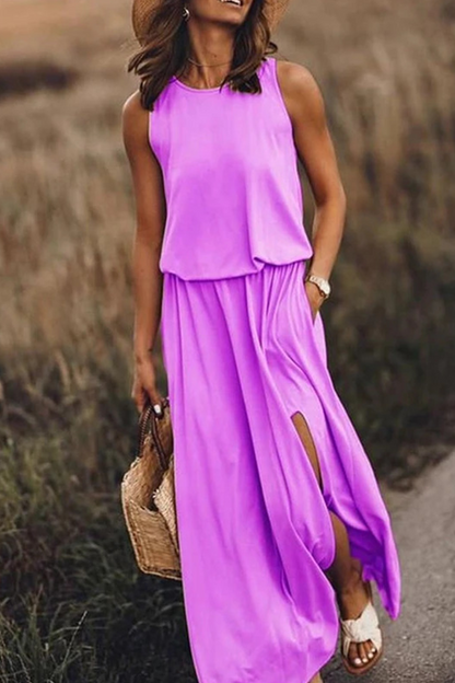 Patchwork Slit O Neck Waist Skirt Dresses(8 Colors)