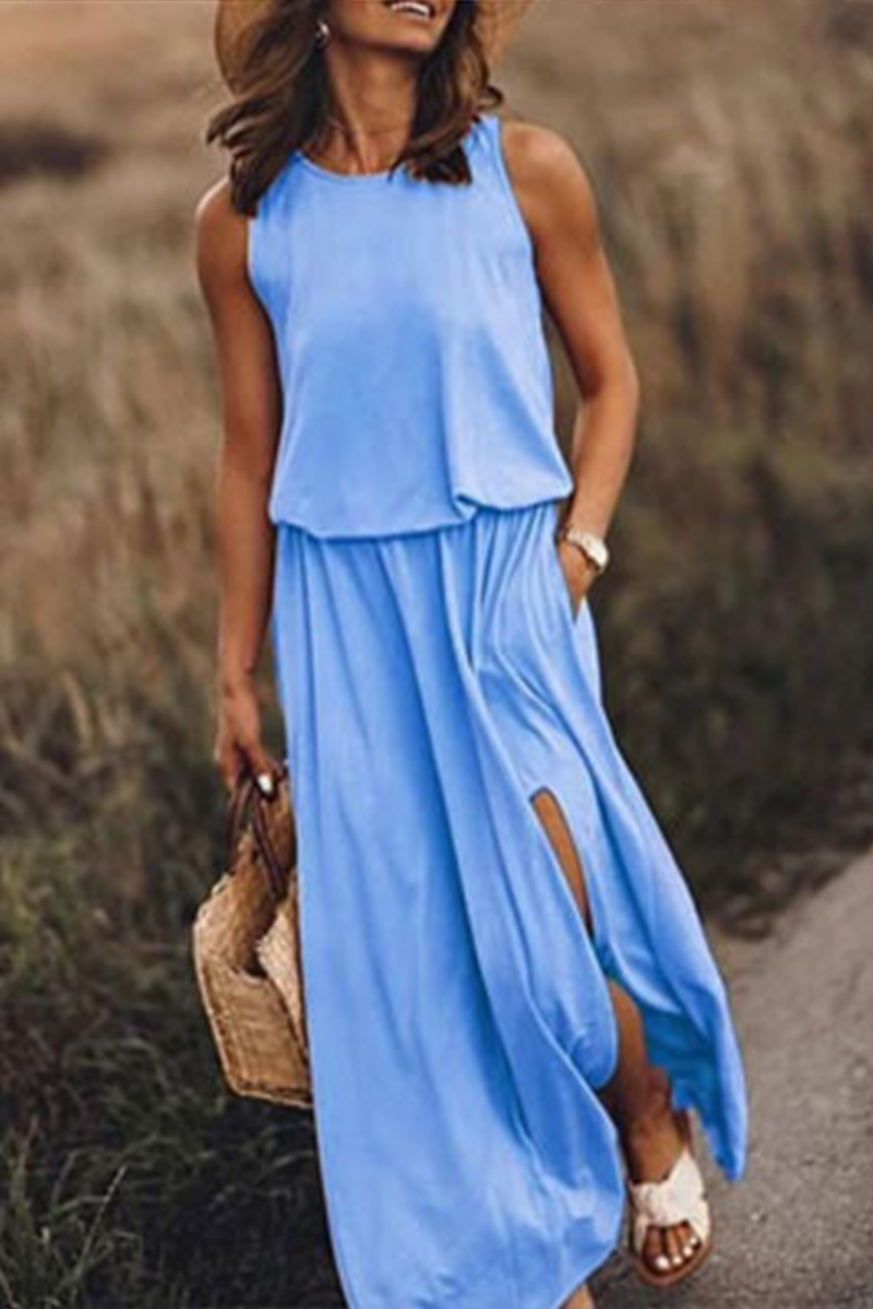 Patchwork Slit O Neck Waist Skirt Dresses(8 Colors)
