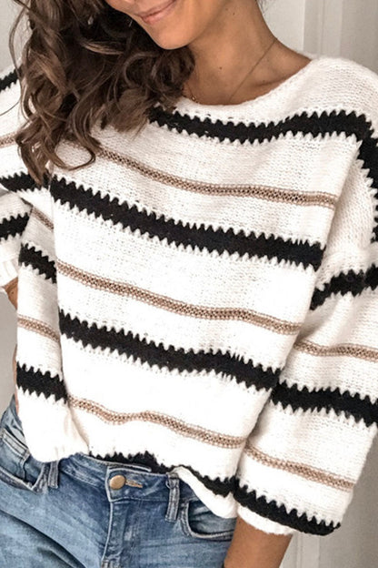 Striped Patchwork O Neck Sweaters(4 Colors)