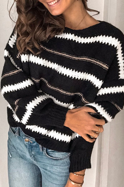 Striped Patchwork O Neck Sweaters(4 Colors)