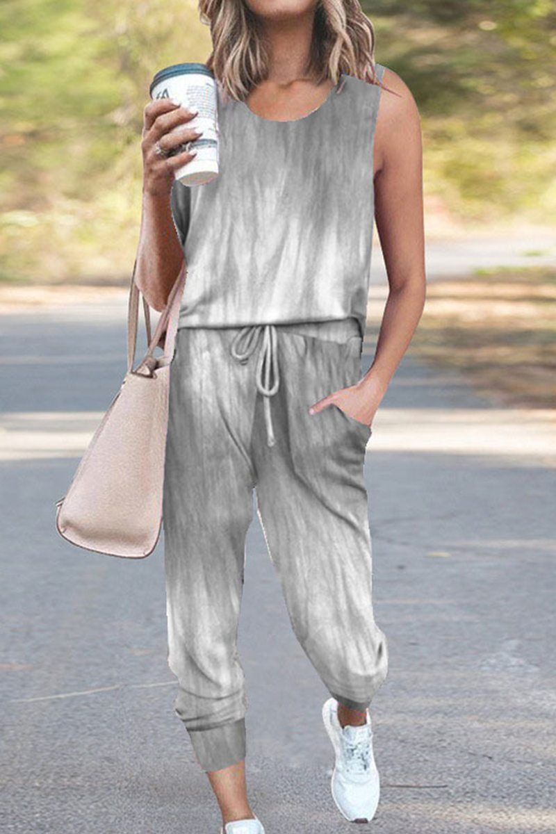 Street Gradual Change Draw String Pocket O Neck Sleeveless Two Pieces