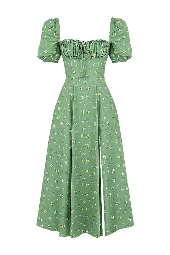 Puff Sleeve Midi Dress in Green