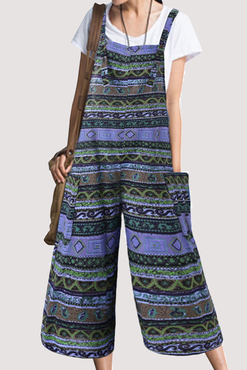 Print Pocket Capris Square Collar Loose Jumpsuits