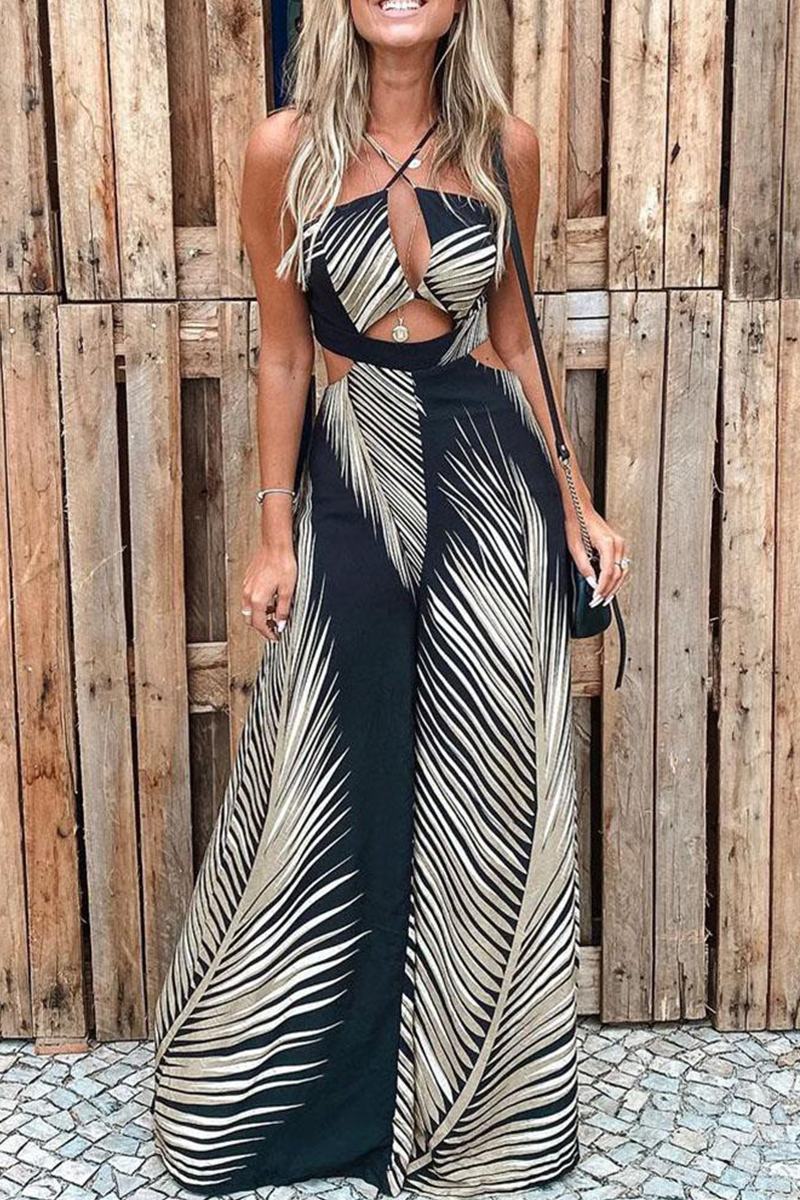 Street Print Hollowed Out Draw String Halter Jumpsuits