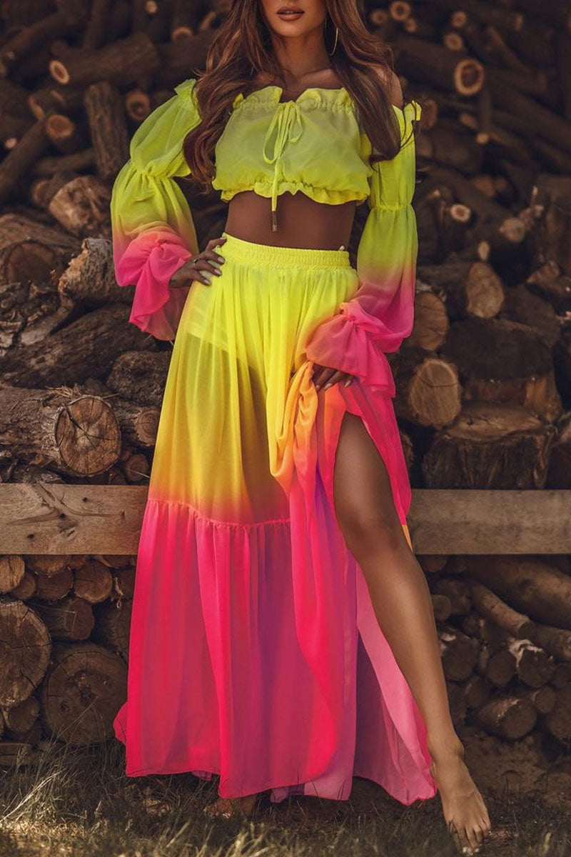 Print Split Joint Off the Shoulder Long Sleeve Two Pieces