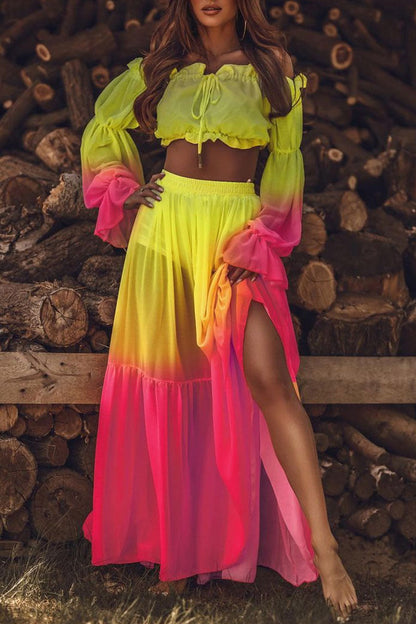 Print Split Joint Off the Shoulder Long Sleeve Two Pieces