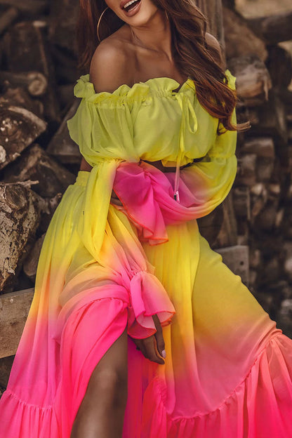 Print Split Joint Off the Shoulder Long Sleeve Two Pieces