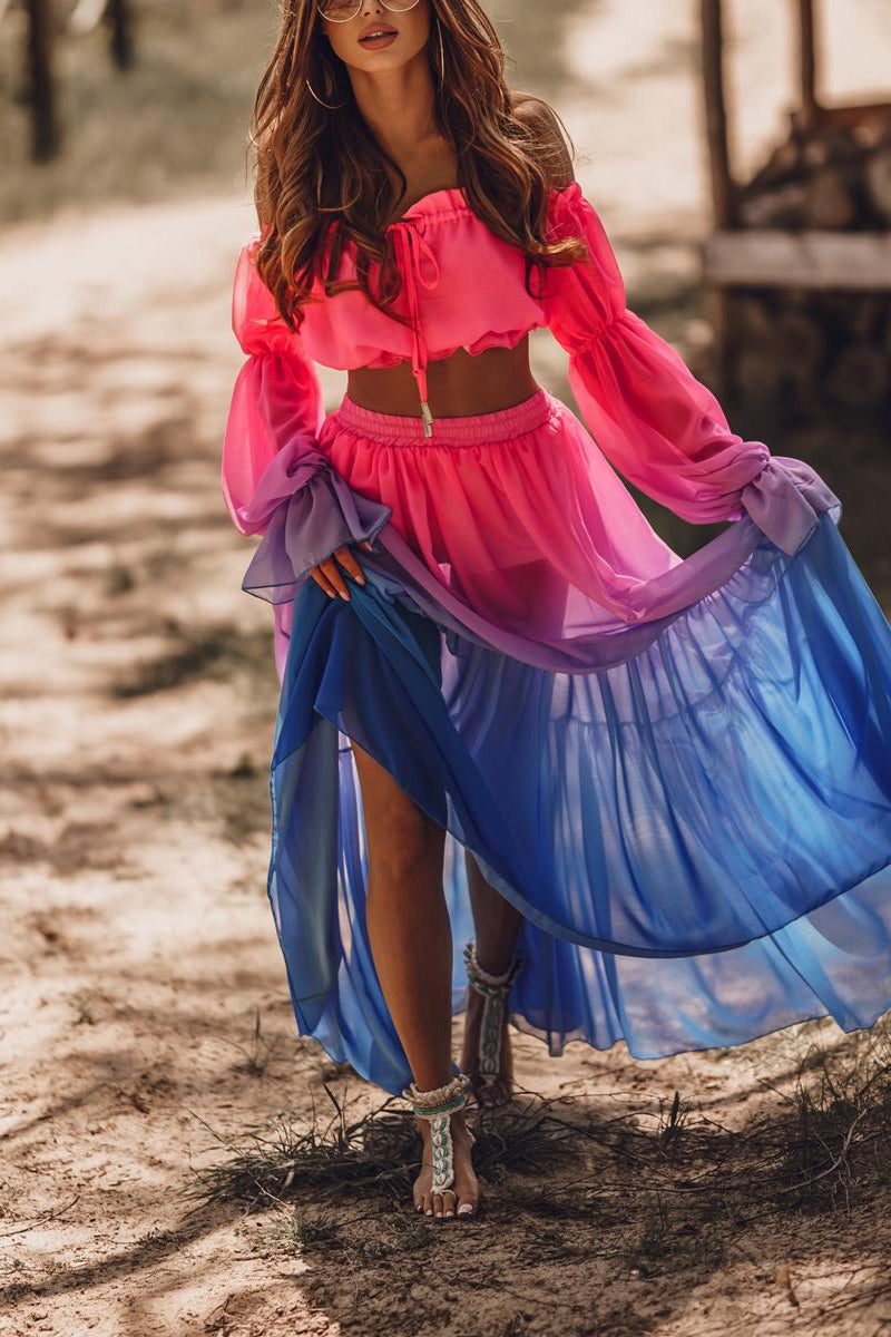 Print Split Joint Off the Shoulder Long Sleeve Two Pieces