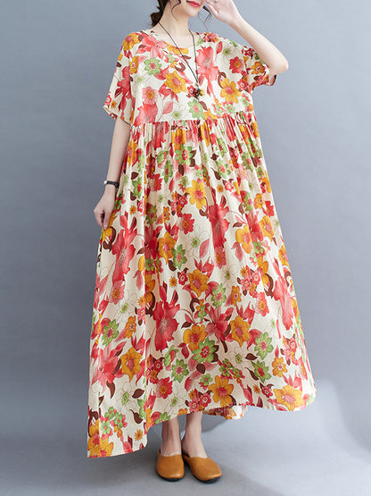 Loose Short Sleeves Pleated Printed Split-joint Round-neck Midi Dresses