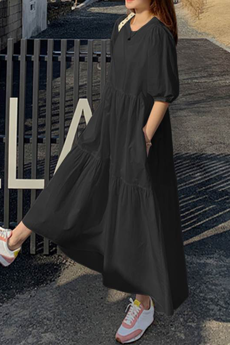 Patchwork Buttons O Neck Cake Skirt Dresses(3 Colors)