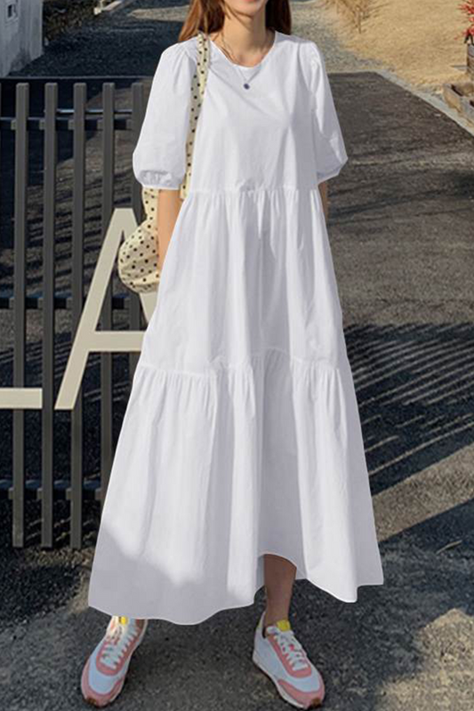 Patchwork Buttons O Neck Cake Skirt Dresses(3 Colors)