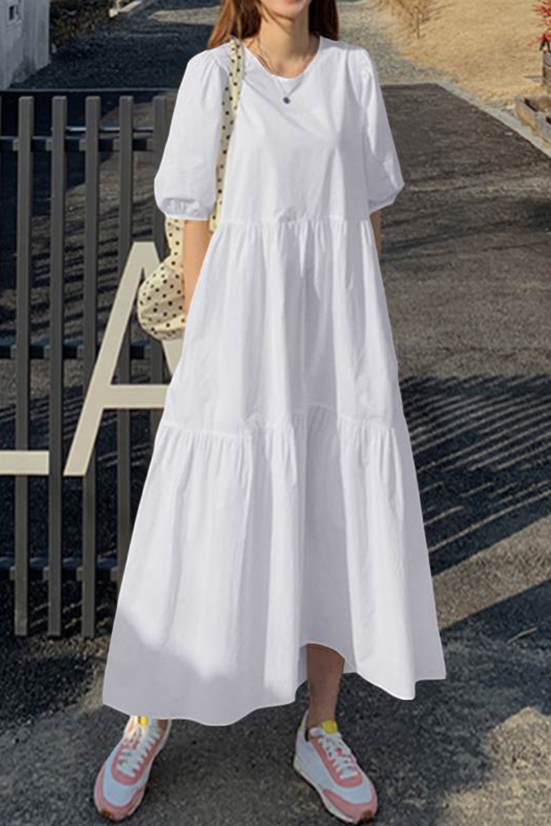 Patchwork Buttons O Neck Cake Skirt Dresses(3 Colors)