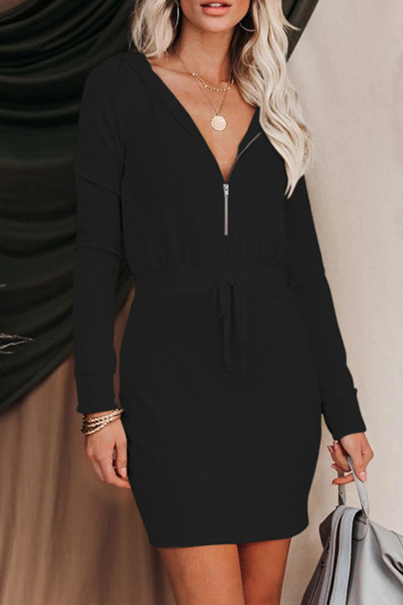 Frenulum Zipper Hooded Collar Wrapped Skirt Dresses