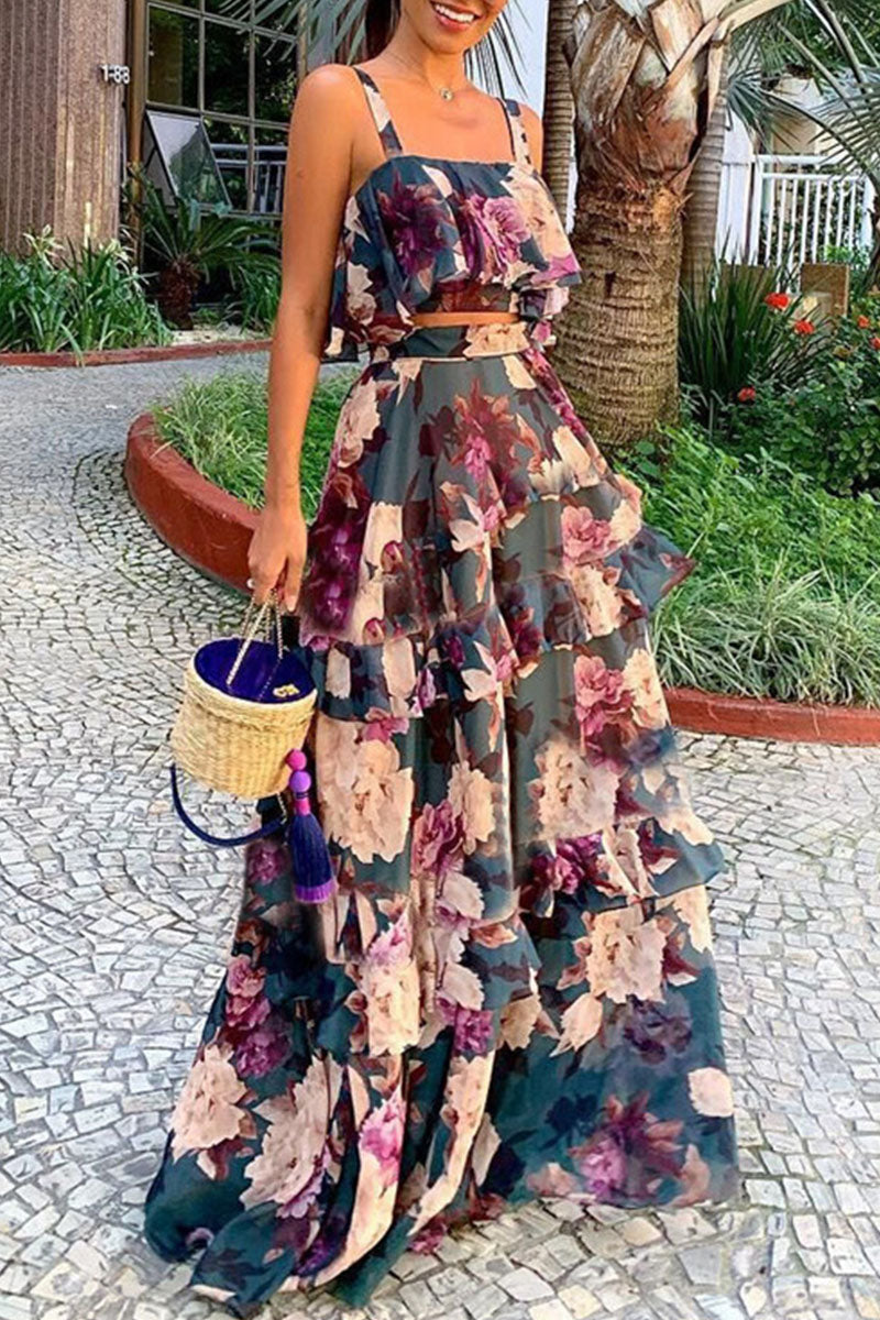 Street Print Patchwork Spaghetti Strap Sleeveless Two Pieces