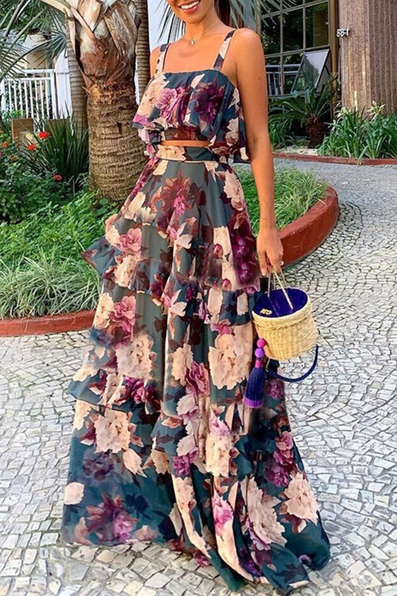 Street Print Patchwork Spaghetti Strap Sleeveless Two Pieces