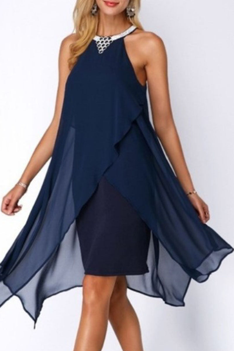 Street Patchwork O Neck Pencil Skirt Dresses(4 Colors)