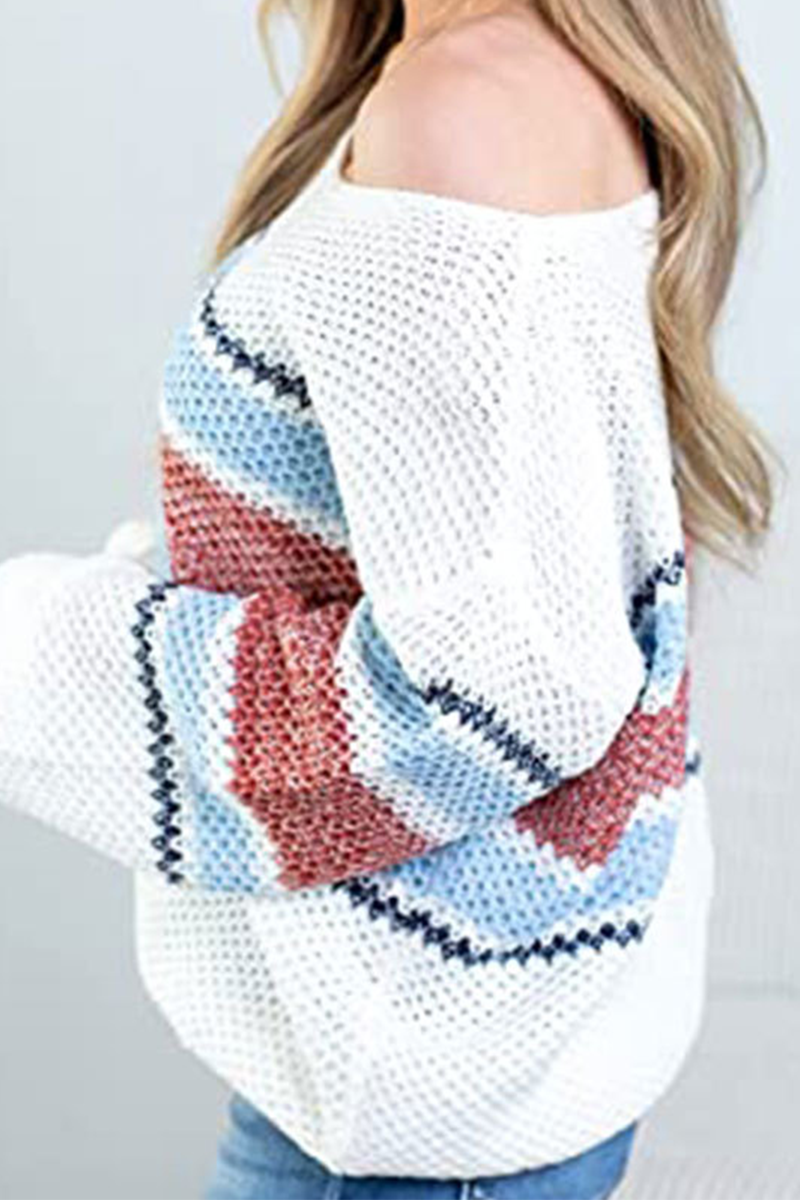 Patchwork Hollowed Out Contrast O Neck Tops Sweater