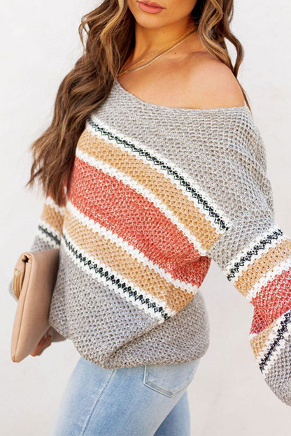Patchwork Hollowed Out Contrast O Neck Tops Sweater