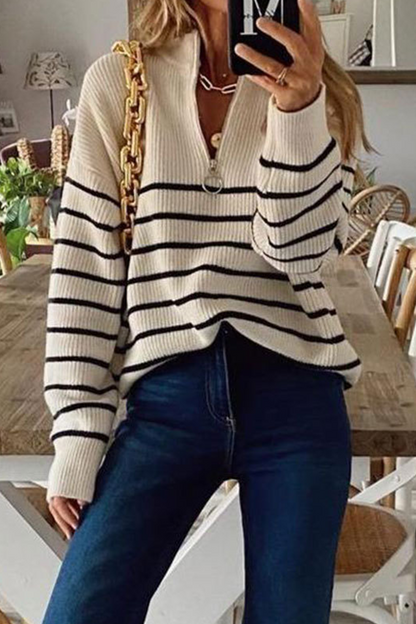 Striped Patchwork Zipper Zipper Collar Tops Sweater